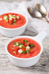 Watermelon tomato gazpacho in bowls