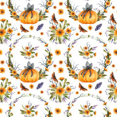 Halloween seamless pattern with watercolor pumpkins, butterflies and gothic floral arrangements. Spooky digital scrapbooking paper on white background.