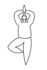 Linear contour of a plus size woman, does yoga and stands in a tree pose. Black outline on white. Concept of balance, healthy lifestyle, sports, harmony