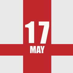 may 17. 17th day of month, calendar date.White numbers and text on red intersecting stripes. Concept of day of year, time planner, spring month.