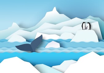 Antarctica scenery with glaciers, icebergs, penguin family and whale, vector paper cut illustration. Antarctica wildlife - obrazy, fototapety, plakaty