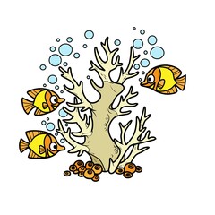 Corals grow on a tall stone and fishes object with fishes  color variation for coloring page isolated on white background