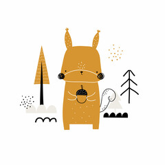 Vector hand-drawn colorful childrens illustration with cute squirrel and trees on a white background. Creative scandinavian forest card, poster, print for kids. Cute animals. Trendy kids character.