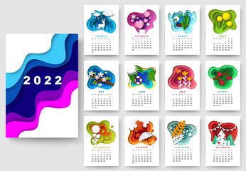 Year 2022 calendar template. Winter, spring, summer, autumn season nature, floral design, vector paper cut illustration.