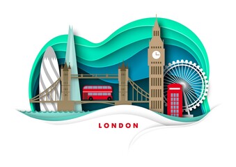 London city skyline, vector paper cut illustration. Big Ben, Tower bridge, ferris wheel, world famous landmarks. Travel. - obrazy, fototapety, plakaty