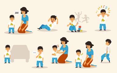 Set of mother and child with autism disorder, flat vector illustration isolated.