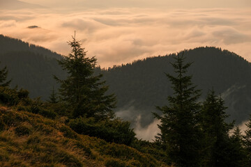Fagaras Mountains cloudscape scenery in late summer at sunset