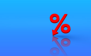 Reduction and Discounts Concept. 3D red Percent  On Blue background with Copy Space. 
