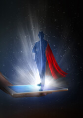 Making an illusion silhouette appear on the screen - a magician with red cape does magic....