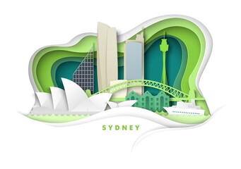 Fototapeta premium Sydney city, Australia, vector paper cut illustration. Harbour Bridge, Opera House world famous landmarks. Global travel