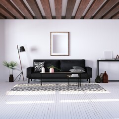 Modern Interior with Geometric Decorations with Empty Art Print Frame Mockup On Walls