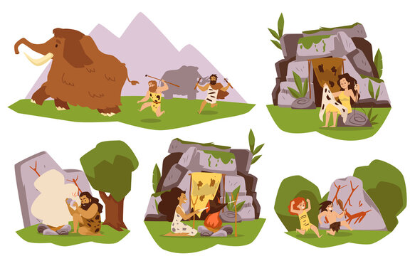 Banners depicting life of prehistoric family flat vector illustration isolated.