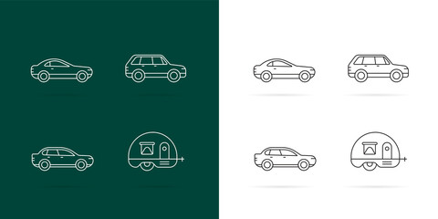 Cars icons Set. White lines style on dark and white background.