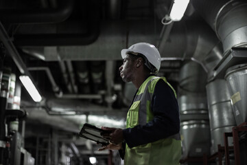 African american male engineer inspecting an industrial plant room