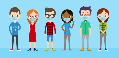 Man and Women Wearing protective medical mask for prevent virus. Coronavirus protection mask. Covid-19 Social Distancing.