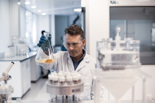 Male scientist looking at conical flask sample in a laboratory