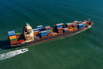 Aerial view of cargo ship in float in sea