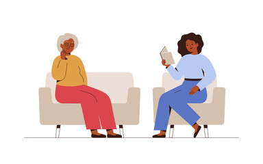 Young female caregiver is reading book for senior woman. Volunteer is taking care of elderly people. Vector illustration