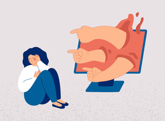 Sad woman turns away, covers her face with her hand from hands pointing at her from computer screen. Peers engage in bullying behavior towards girl. Cyberbullying concept, bad influence on internet.