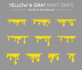 Yellow and Gray Dripping Paint Set. Liquid Drips. Paint Flows. Stains. Current Drops. Inks. Vector illustration.