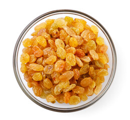 Yellow raisins in a transparent plate on a white background, isolated. Top view