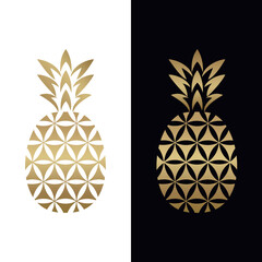 Golden geometric pineapple logo design to incorporate flower of life and pineapple incorporated in one. Abstract logo, symbol, emblem or icon of tropical fruit in golden color. Vector illustration.