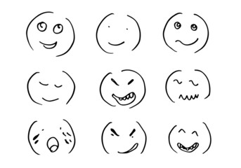 Hand drawn emoticon set, vector on white background.