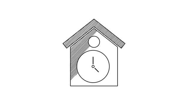 Black line Retro wall watch icon isolated on white background. Cuckoo clock sign. Antique pendulum clock. 4K Video motion graphic animation