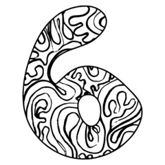 Zentangle stylized alphabet - number 6. vector illustration Black white hand drawn doodle, ethnic pattern