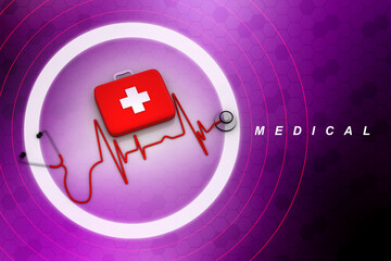 3d rendering First aid kit with stethoscope
