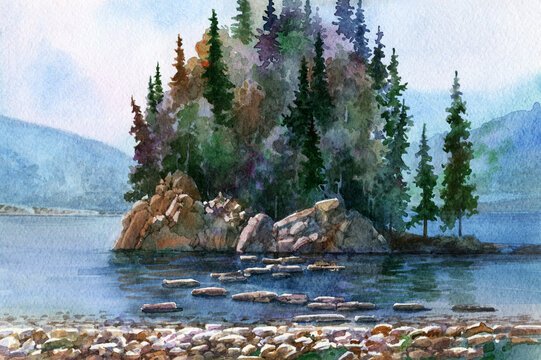 A stone island overgrown with forest in the middle of a mountain lake. Mountain forest and river painted in watercolor. A colorful landscape of a mountainous area.