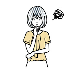 立って手をあごにあてて困っているオフィスカジュアルの女性