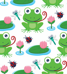 Seamless pattern vector of frog and bugs cartoon with lotus flower in the swamp