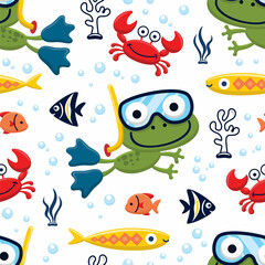 Seamless pattern vector of diving frog with marine animals