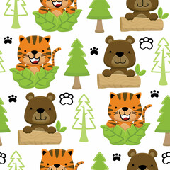 Seamless pattern vector of cat with bear cartoon playing hide and seek in jungle