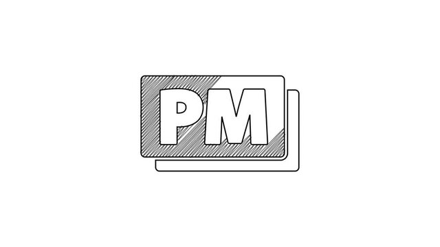 Black line Clock PM icon isolated on white background. Time symbol. 4K Video motion graphic animation