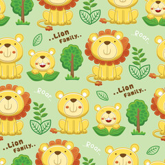 Seamless pattern vector of lion family cartoon with trees and plants