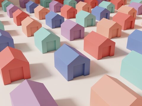 3D Rendering Multi Pastel Colors Studio Shot Miniature or Rainbow Jigsaw Blocks Houses Background for Card, Poster or Web Banner. Purple, Yellow, Pink and 