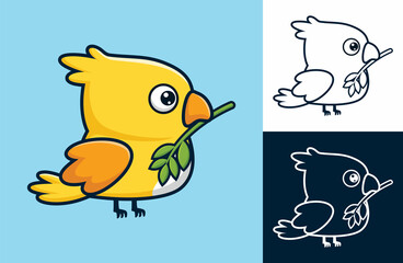 Cute bird with leaf in its beak. Vector cartoon illustration in flat icon style
