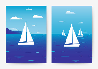 Set of two vertical images with seascape, sailing boats and clouds. Vector illustration.