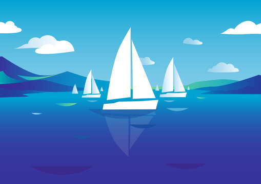 Horizontal image with seascape, sailing boats and clouds. Vector illustration.