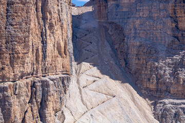 beautiful path from Passo Pordoi to Forcella Pordoi and Piz Bo&egrave; on Dolomites mountains. Alps, Val di Fassa, Trentino Alto Adige, Trento, Italy