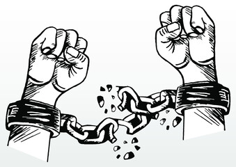 Strong hand breaking the handcuffs chain Vector illustration