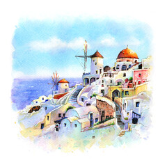 Watercolor sketch of Oia on island Santorini, white houses and windmills at sunset, Greece