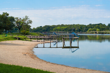 Zobnatica lake in Backa Topola, Serbia, with beach, slides and bars is a popular tourist and recreation spot in Vojvodina