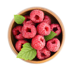 fresh raspberries with leaves in a plate on white isolated background, top view