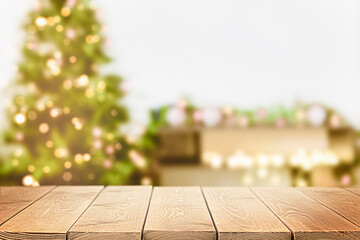 wooden table and christmas tree in the background