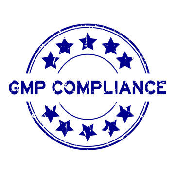 Grunge blue GMP (Good manufacuturing practice) compliance word round rubber seal stamp on white background