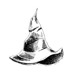 Naklejka premium Vintage illustration for Halloween. A hand-drawn sketch of a witch's pointed hat. Vector illustration.