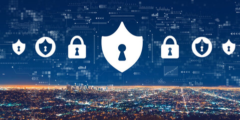 Cyber security theme with downtown Los Angeles